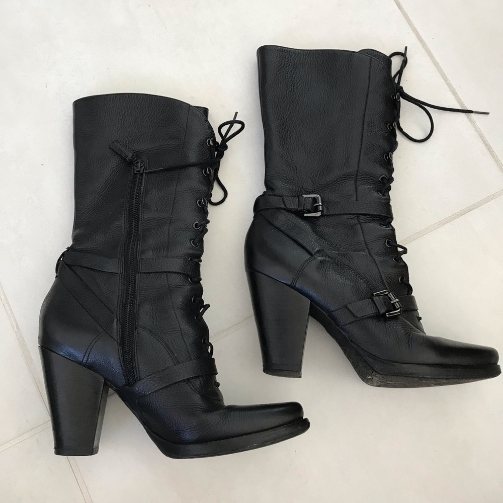Via Spiga Leather Lace Up Double Buckle Boots